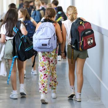 Collégiens vus de dos, dans un couloir de collège